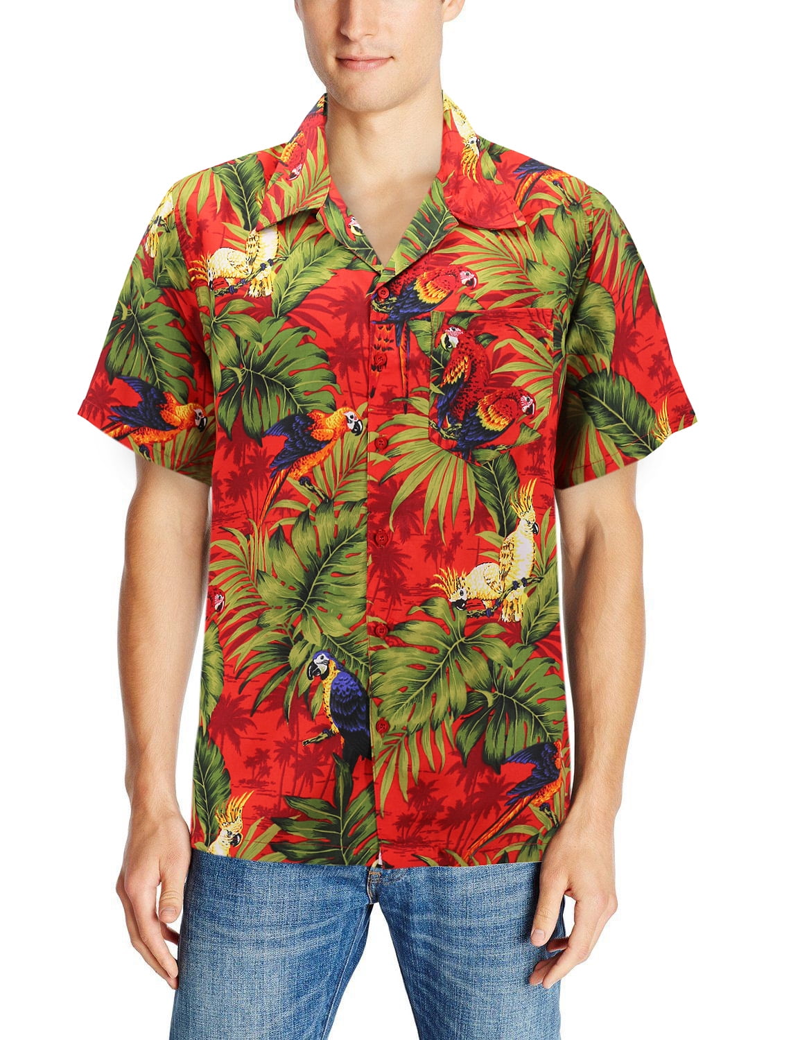 VKWEAR Men's Casual Tropical Hawaiian Luau Aloha Revere Beach Button Up Dress Shirt (H1811Red