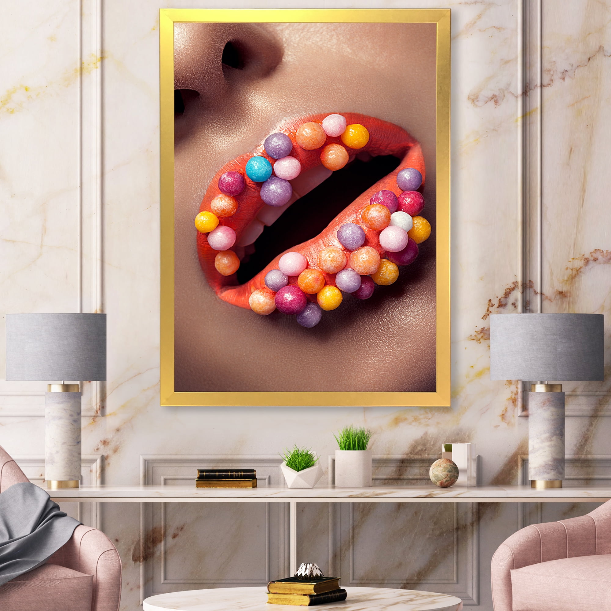 Designart 'Close Up of Creative Make Up On Woman Lips With Lolipops' Modern Framed Art Print