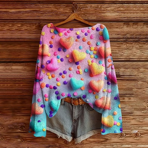 Craaazy Women's Long Sleeve Valentines Shirts Love Heart Crewneck Casual Loose Tops Gifts