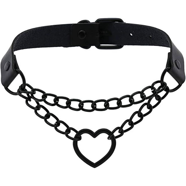 PU cuero simulado negro gótico punk corazón anillo cubano cadena ajustable cuello correa collar (negro)