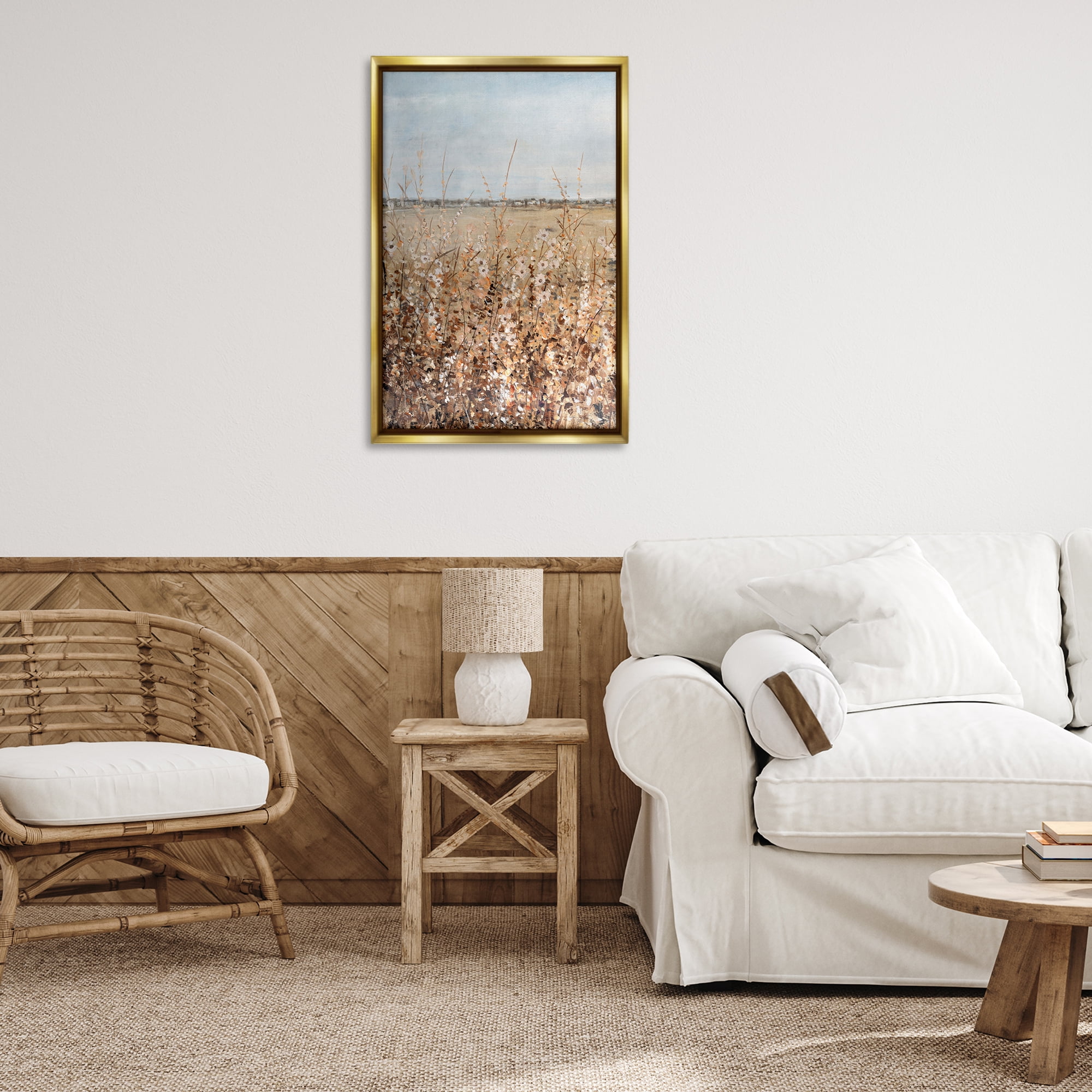 Stupell Industries Neutral Meadow Sprigs Landscape & Nature Painting Gold Floater Framed Canvas Art Print Wall Art, 21 x 31