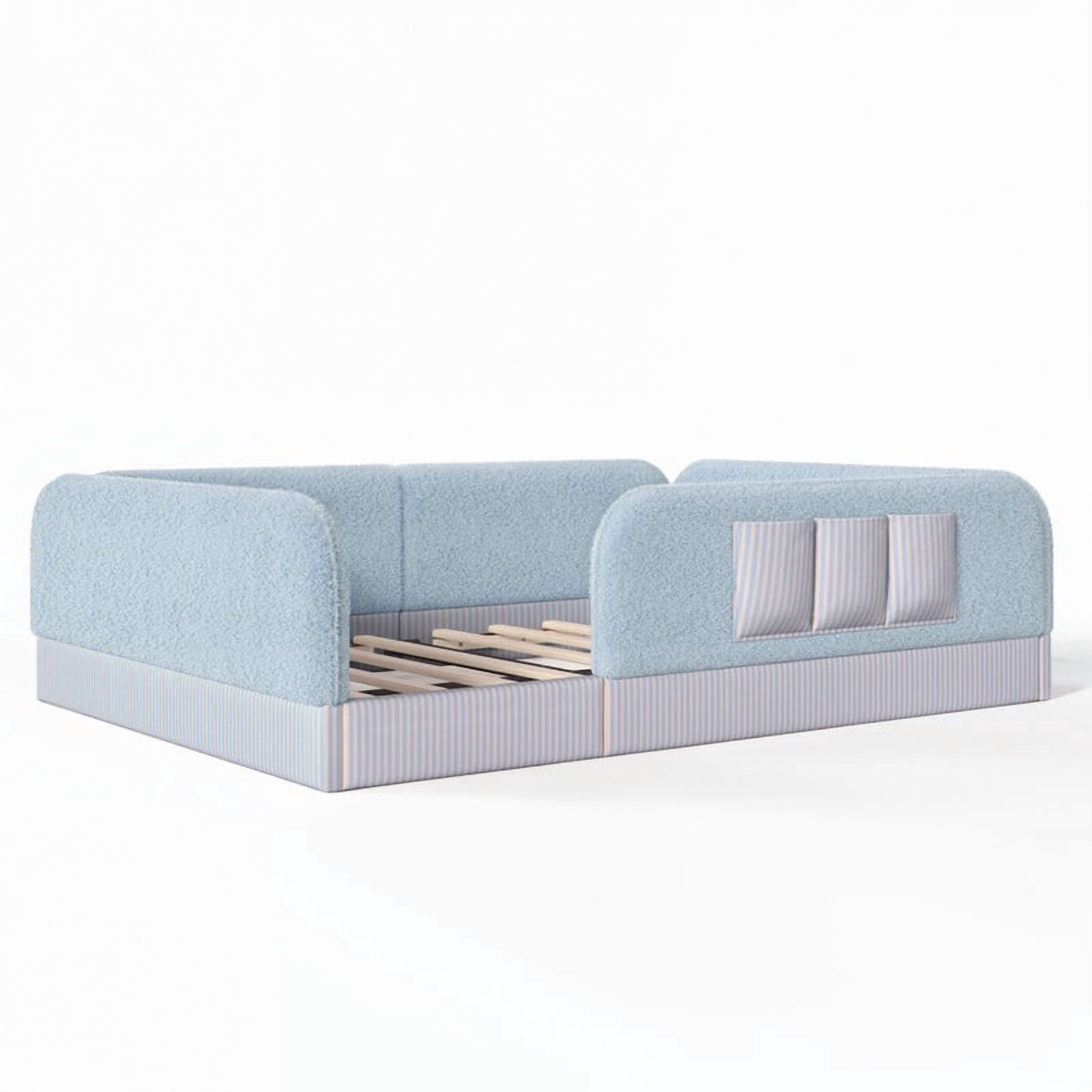 Queen Size Kid's Upholstered Floor Bed Frame, Montessori-Style Low Profile Platform Bed with Safety Guardrail & Storage Pockets