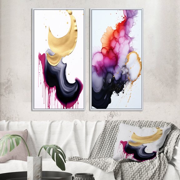 Designart "Ethereal Elegance Magenta Ink Clouds IX" Abstract Painting Framed Wall Art Set Of 2 - Modern Gold Frame Gallery Set For Office Decor