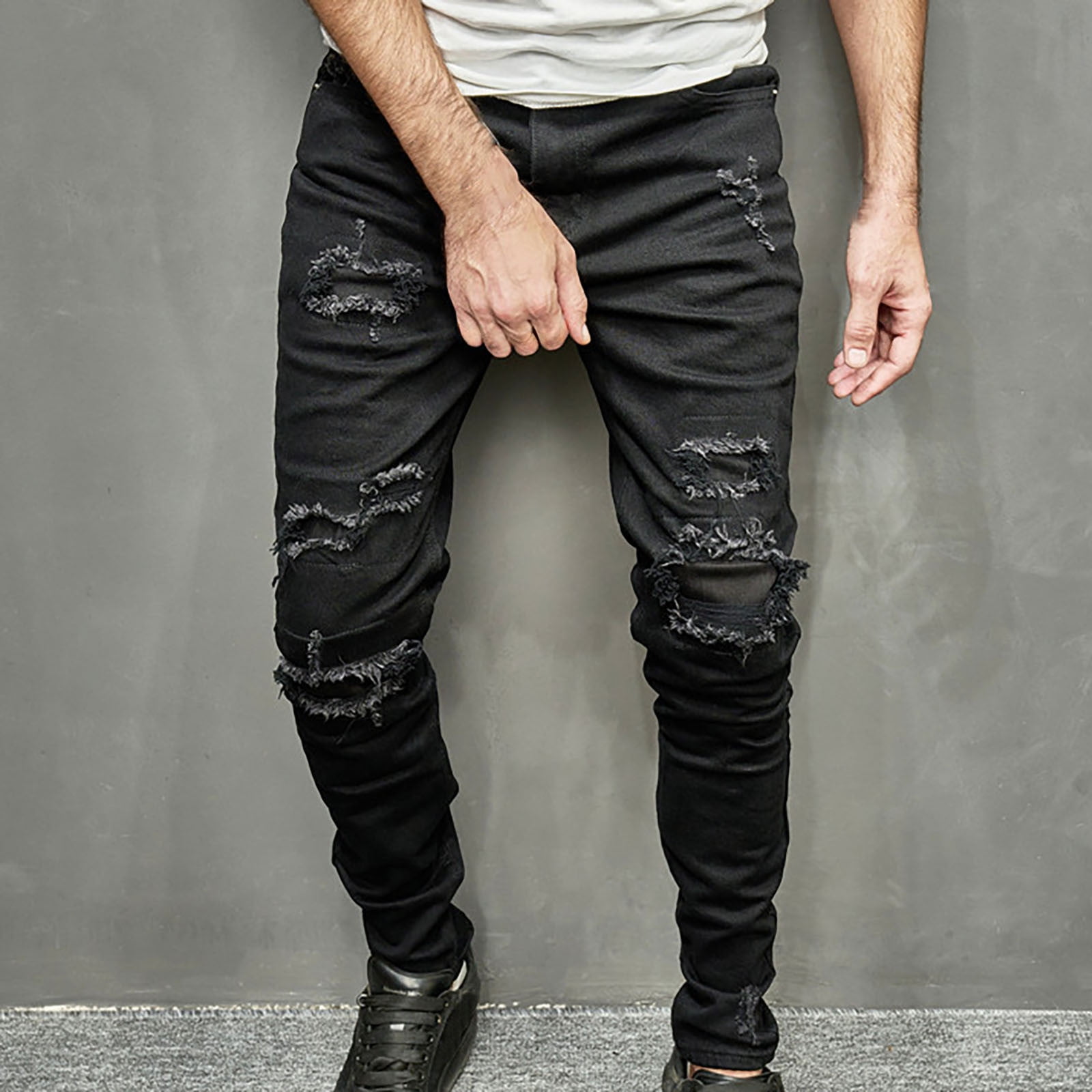 Men's Slim Fit Ripped Jeans Regular Fit Denim Pants with Holes