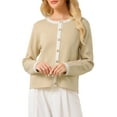 thumbnail image 1 of Suéter de cardigan de botón para mujer INSPIRE CHIC, cuello redondo, con ribete en contraste, de manga larga, tejido acanalado, talla 2XL, color caqui, 1 of 5