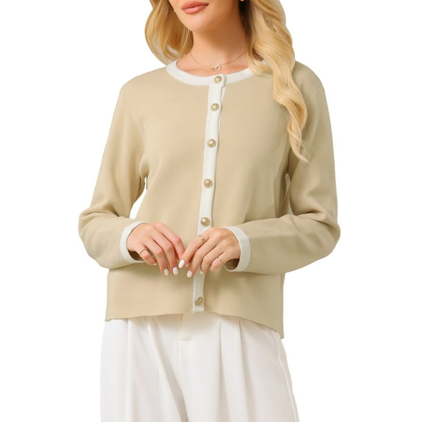 Suéter de cardigan de botón para mujer INSPIRE CHIC, cuello redondo, con ribete en contraste, de manga larga, tejido acanalado, talla 2XL, color caqui