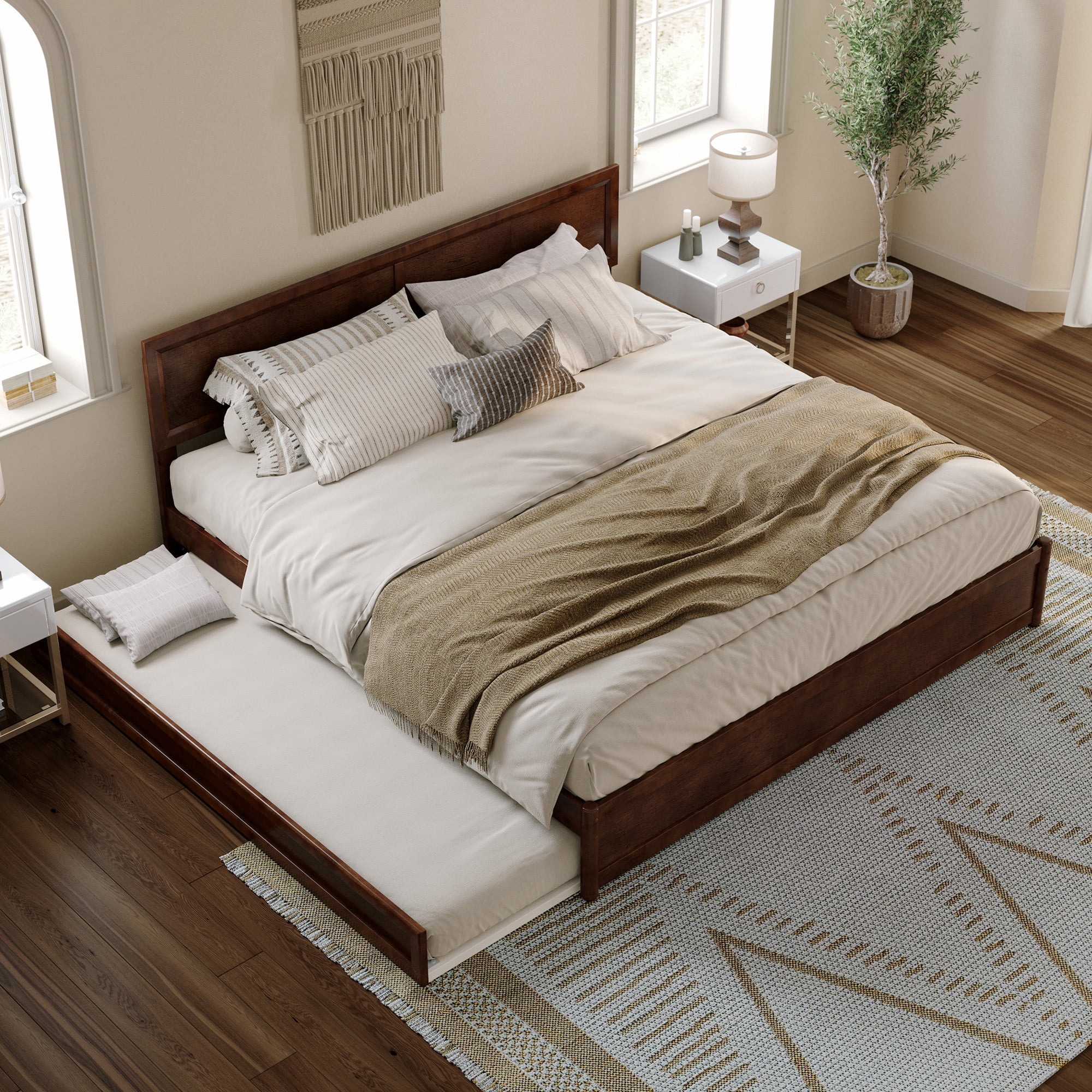 AFI Lylah King Wood Platform Bed with Panel Footboard and Twin XL Trundle, Walnut
