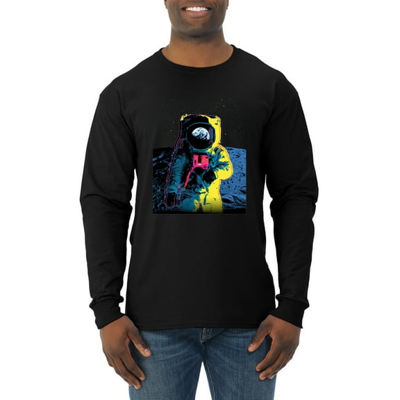 Wild Bobby, Colorful Cosmic Neon Astronaut Lunar Spaceman Moon Galaxy, Fashion, Men Long Sleeve Shirt, Black, Small