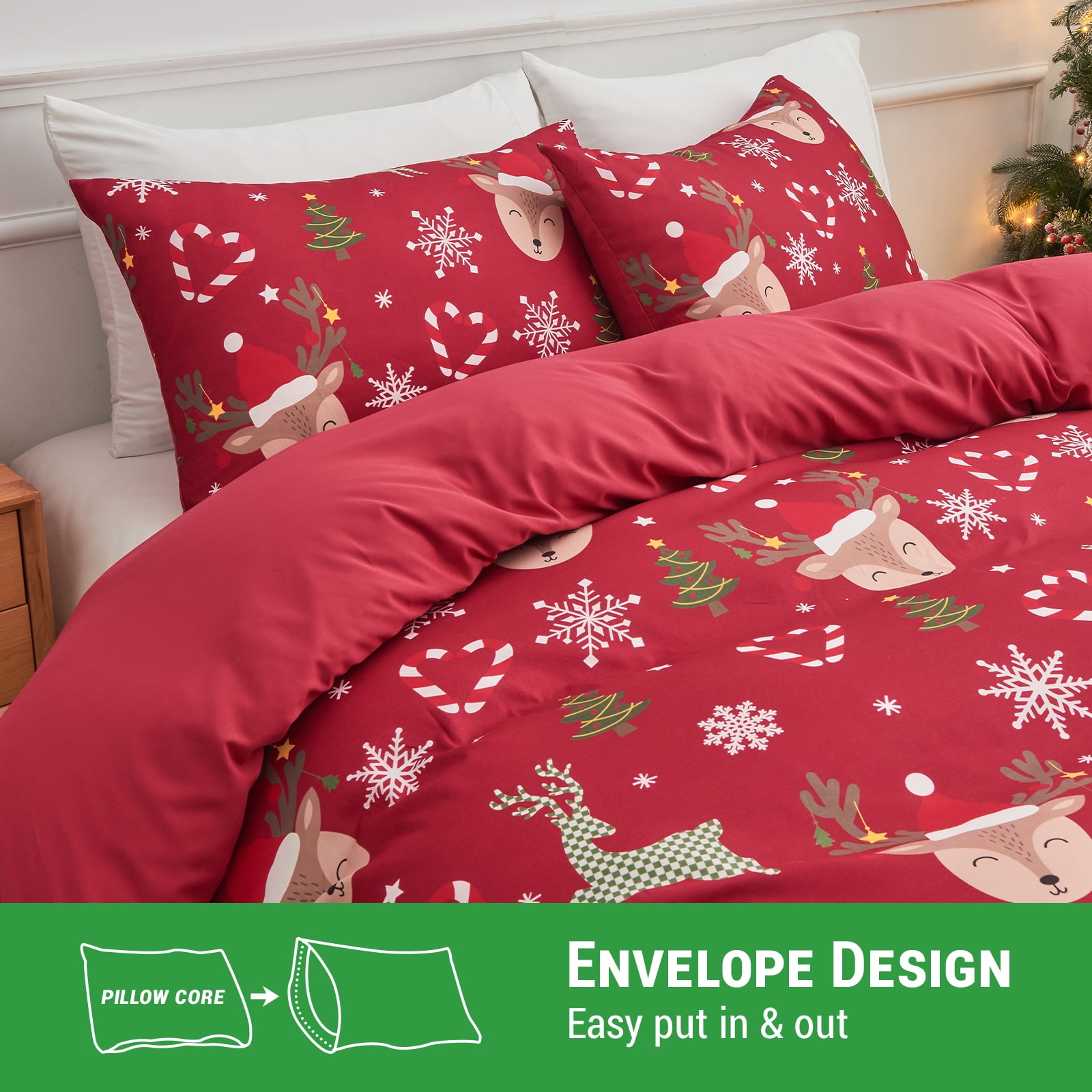 Gogreen Queen Duvet Cover Floral, Soft & Breathable Microfiber 3 Pieces Queen Bedding Sets, Pattern Queen Comfy Duvet Cover, with Zipper Closure (Christmas Elk, Queen)