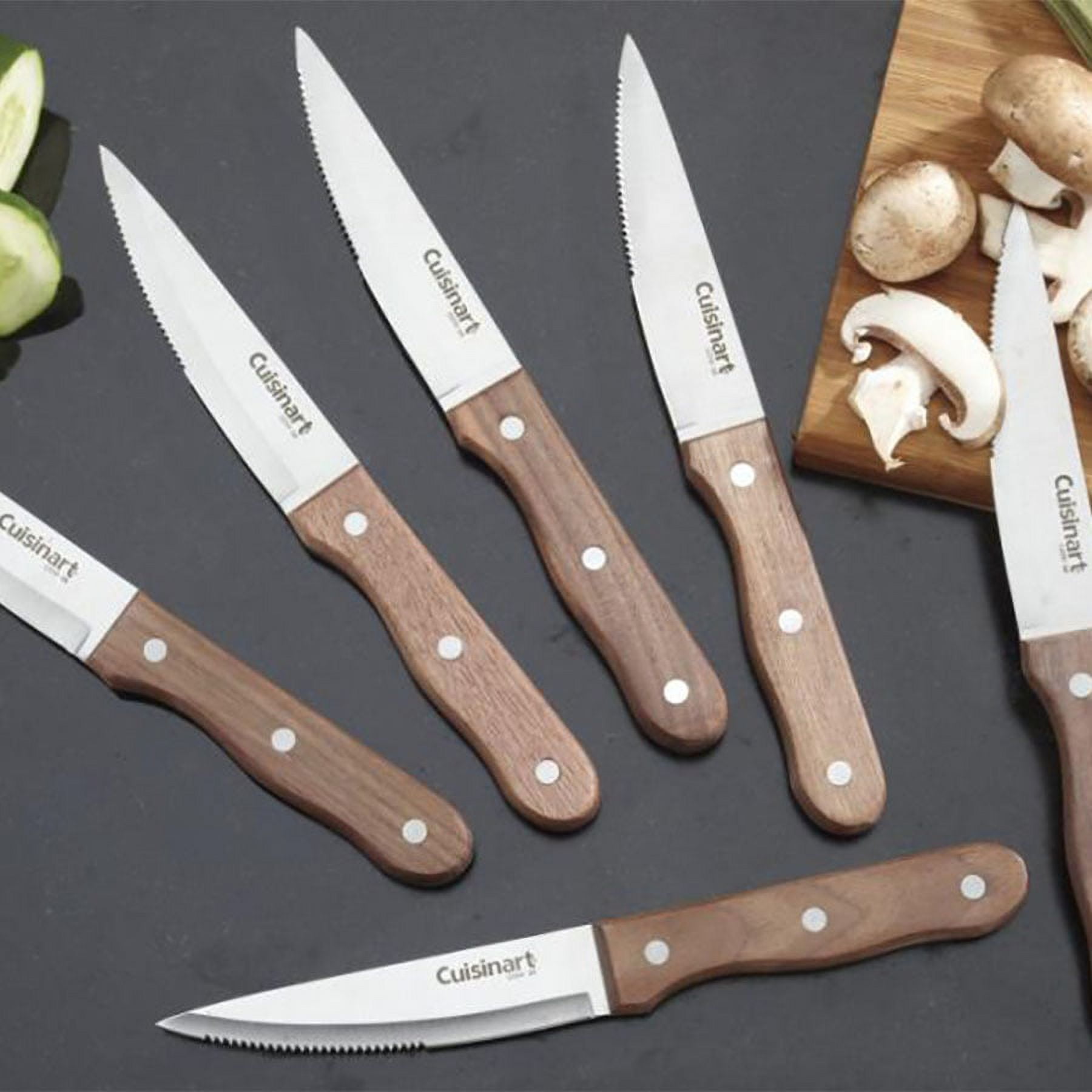 Mid Century Hanging Knife Block 6 Stainless Wood Handled Steak Knives -  Ruby Lane