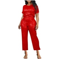 Women's Sequin Pant Set, Solid Color T-Shirt & Straight Leg Pants Sparkly Suits, Party Clubwear Trendy Outfits Cotton Linen Pant Sets for Lady 2 Piece 3XL