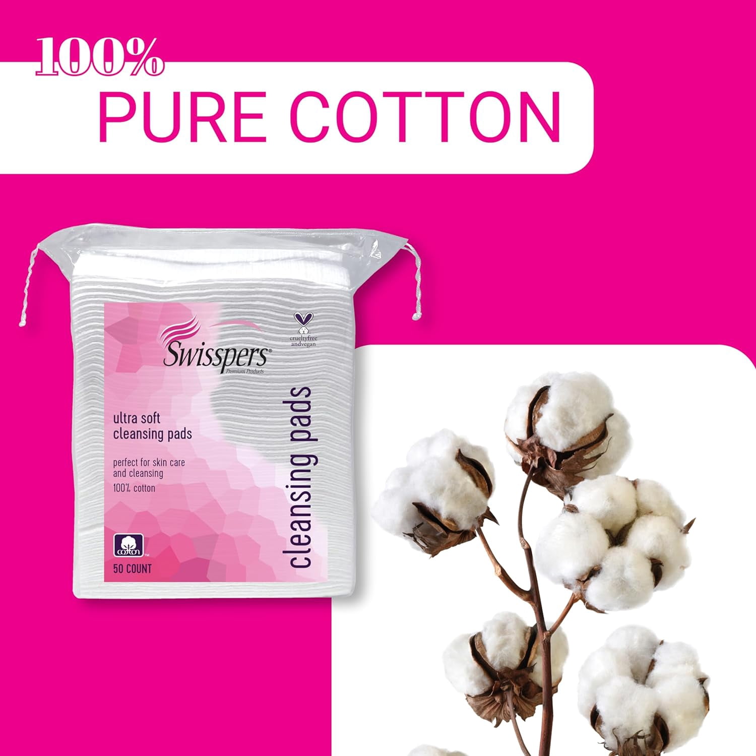 Swisspers Large Premium Cotton Facial Cleansing Pads, Lint-Free