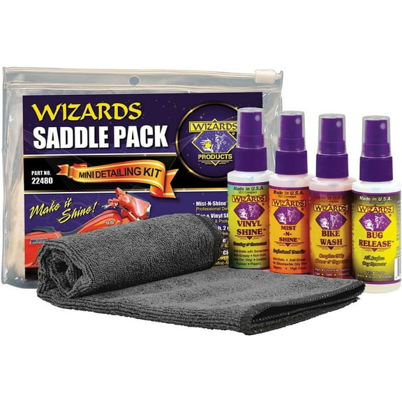 Wizards Motorcycle Cleaner Kit - 5 Piece Motorcycle Accessories Saddle Pack - Motorcycle Detailing Supplies - Bike Surface Cleaner and Tire Cleaner - Powerful Stain Removal Kit With Tire Protectant