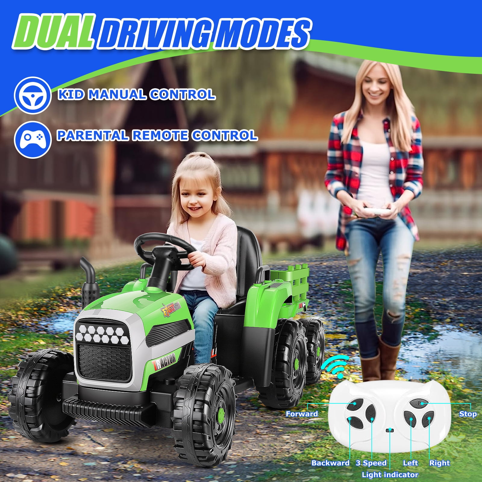 Funcid 12V Kids Ride on Tractor with Trailer 7AH Battery Powered Tractor Electric Car for Toddler, Ride on Toys Motorized Vehicle with Parents Remote Control, Bluetooth, 3 Speeds, 11-LED Lights Green