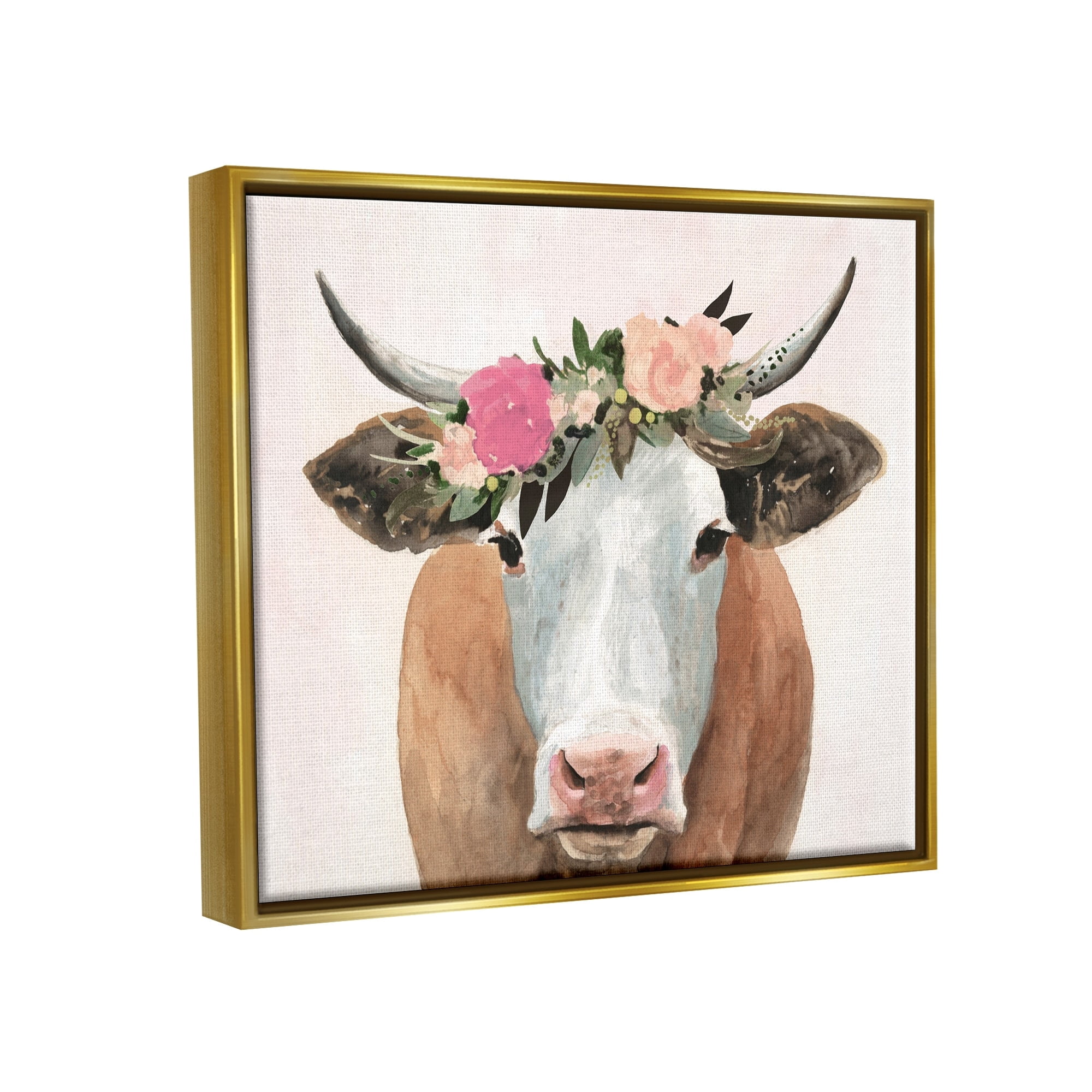 Stupell Industries Springtime Flower Crown Farm Cow with Horns Metallic Gold Framed Floating Canvas Wall Art, 24x30, by Victoria Borges