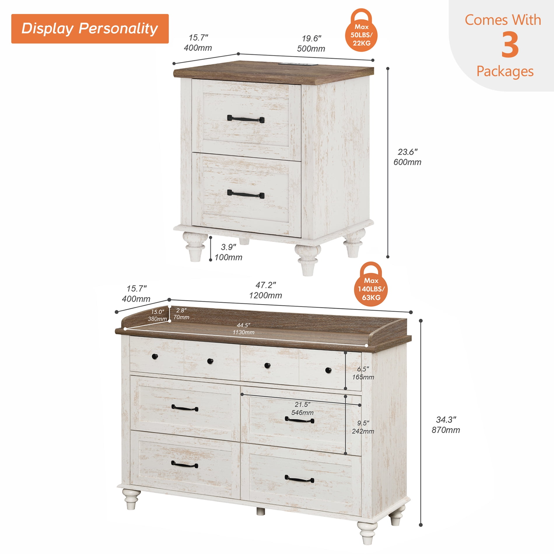 3 Piece Dresser and Nightstand Sets, Farmhouse Dresser with 6 Drawers, Set of 2 Night Stands with Charging Staion, 3 Piece Bedroom Set, Antique White