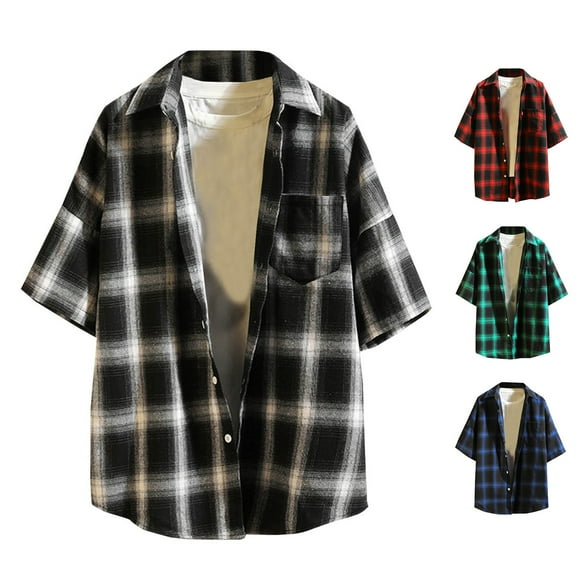Men's T Shirts Loose Fit Casual Plaid Turndown Collar Poket Casual Long Sleeve Buttons Short Shirt