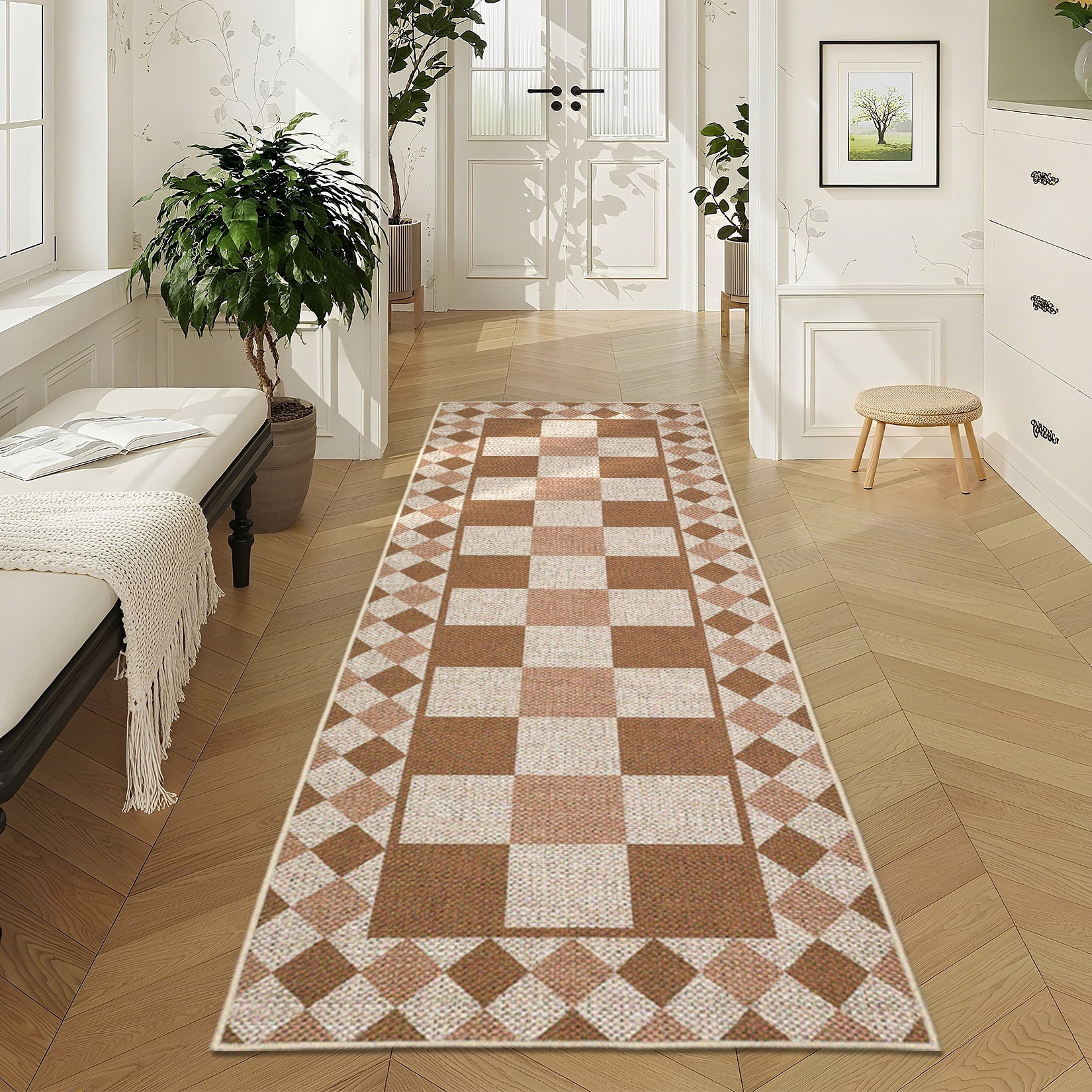 Modern Runner Rug for Hallway 2x6 Checkered Easy Jute Rug with Non-Slip Backing, Stain-Resistant Kitchen Runner, Washable Geometric Indoor Outdoor Rug for Laundry Entryway, Brown