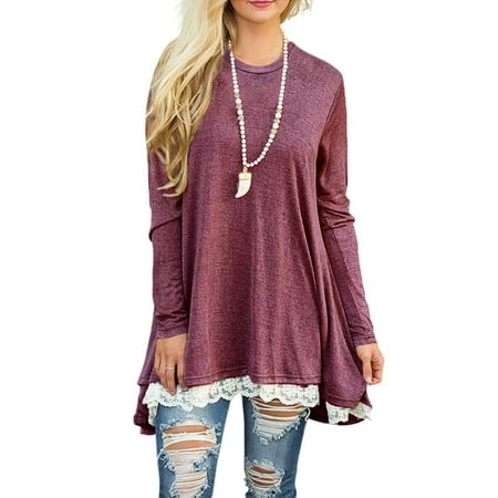 Fashion Long Sleeve Lace Hem Patchwork Loose S-5XL Plus Size Tops for Women Blouse