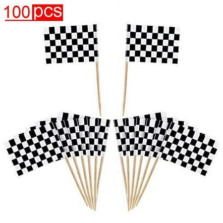 100 Pack Mini Checkered Racing Flag Finish Line Cupcake Toppers Party Decorations Picks Set (2.5 Inches Tall)