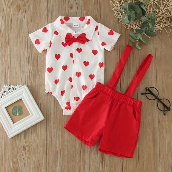 Infant Boys Summer Outfits 2 Piece Valentine's Day Short Sleeve Prints Tops Shorts Outfits Clothes Set Size 6-12 Months ,White