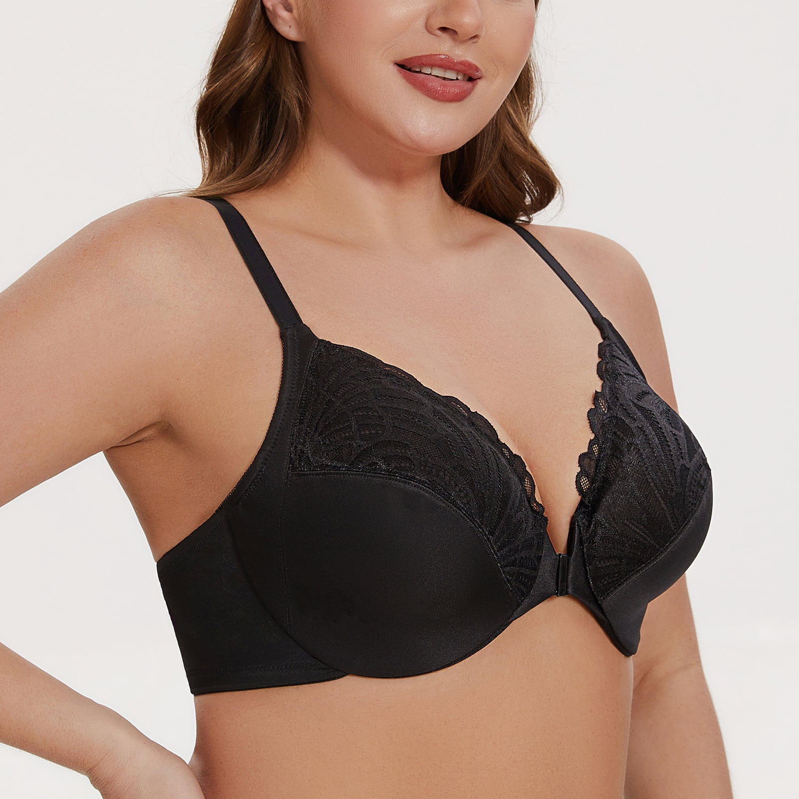 MELENECA Women's Racerback Front Closure Lace Unlined Plus Size Full Coverage Underwire Bra Black 44B