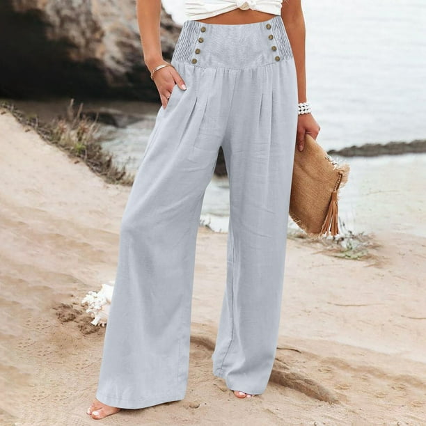 WILLBEST Pantalones Casuales elegantes para Mujer, Pantalones Palazzo de Verano de Pierna Ancha, Pantalones de Playa Holgados de Cintura Alta con Bolsillo para Uso Diario Chica