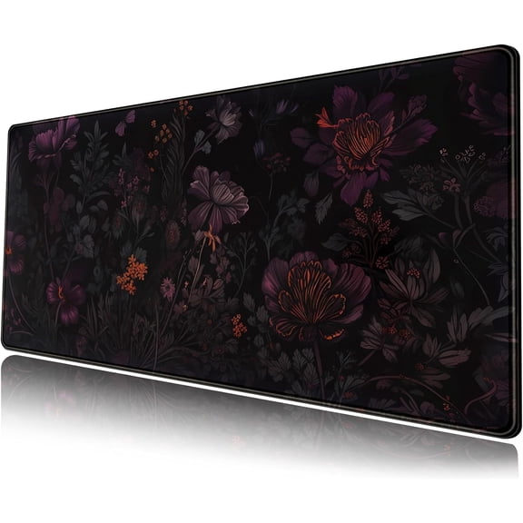 MORAVE Dark Cottagecore XL Desk Mat, Black Purple Flower Extended Vintage Aesthetic Keyboard Mouse Mat, 31.5 x 11.8 in Large Gaming Mousepad for Work, Game and Office Decor