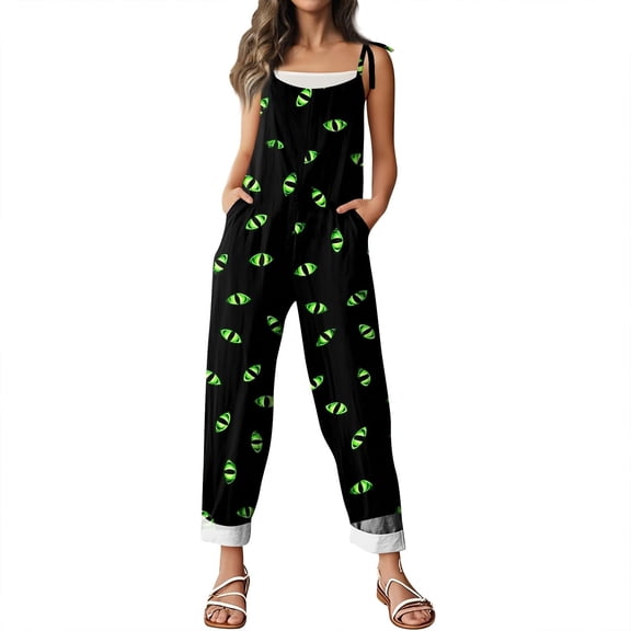 Womens Halloween Graphic Jumpsuits Pumpkin Ghost Print Rompers Casual Sleeveless Wide Leg Jumsuits, Funny Cute Halloween Graphic Costume, Trendy Fall Clothes, Festival Party Outfits, Black L