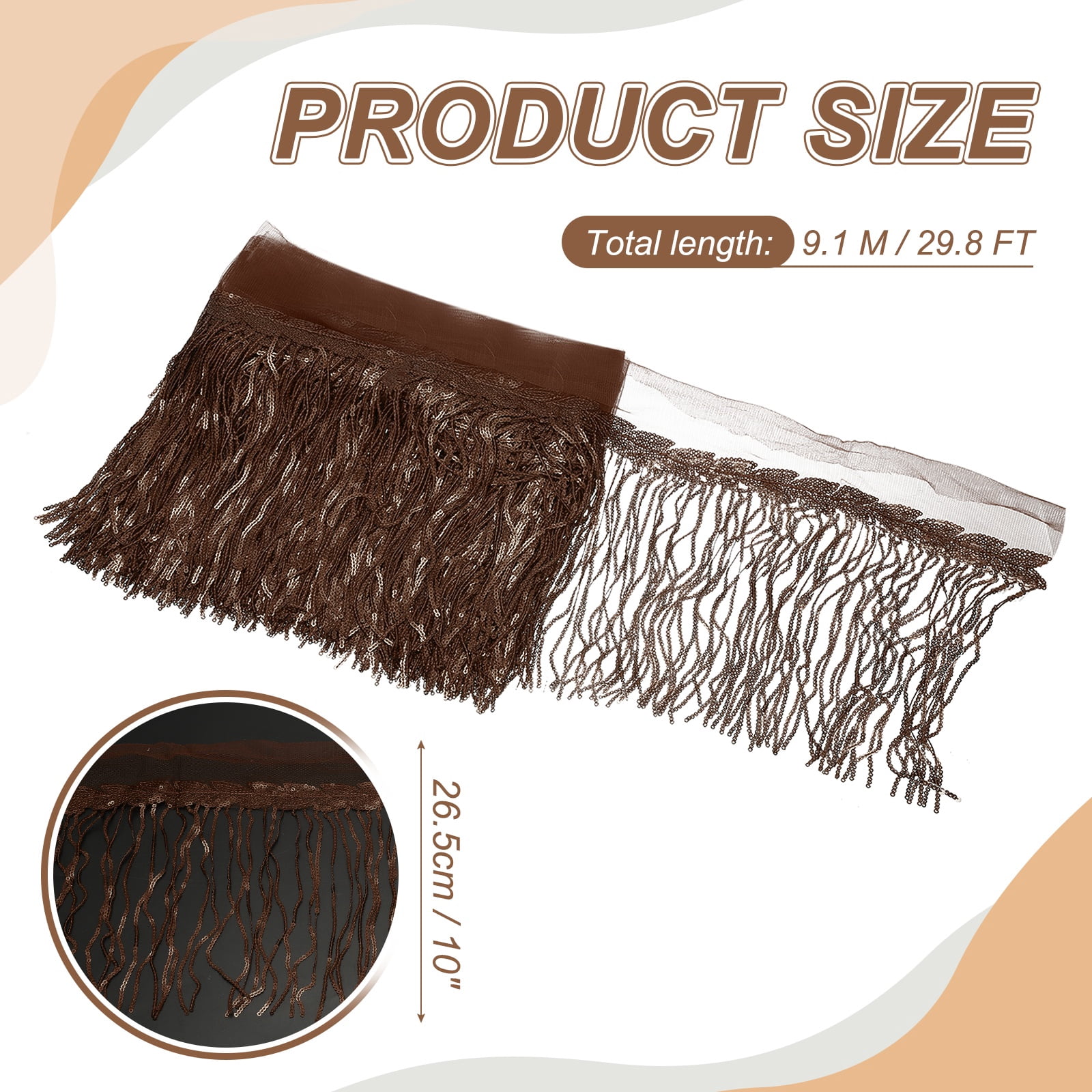 Uxcell 10 Yards 10 Inch Shiny Sequined Tinsel Fringe Trim, Sparkling Spangle Curtain Fringe Paillette Lace Fabric Streamer for DIY Latin Dance Costume Clothing Birthday, Coffee Color