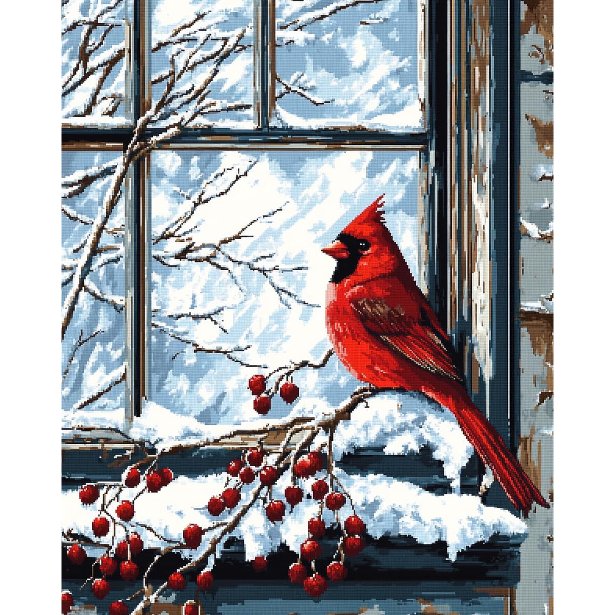 DIY Cross Stitch Kit for Beginners Red Cardinal Perched on Open Window 11CT Embroidery Kit with Pattern Stamped Needlepoint Craft Kit 40x50cm-16