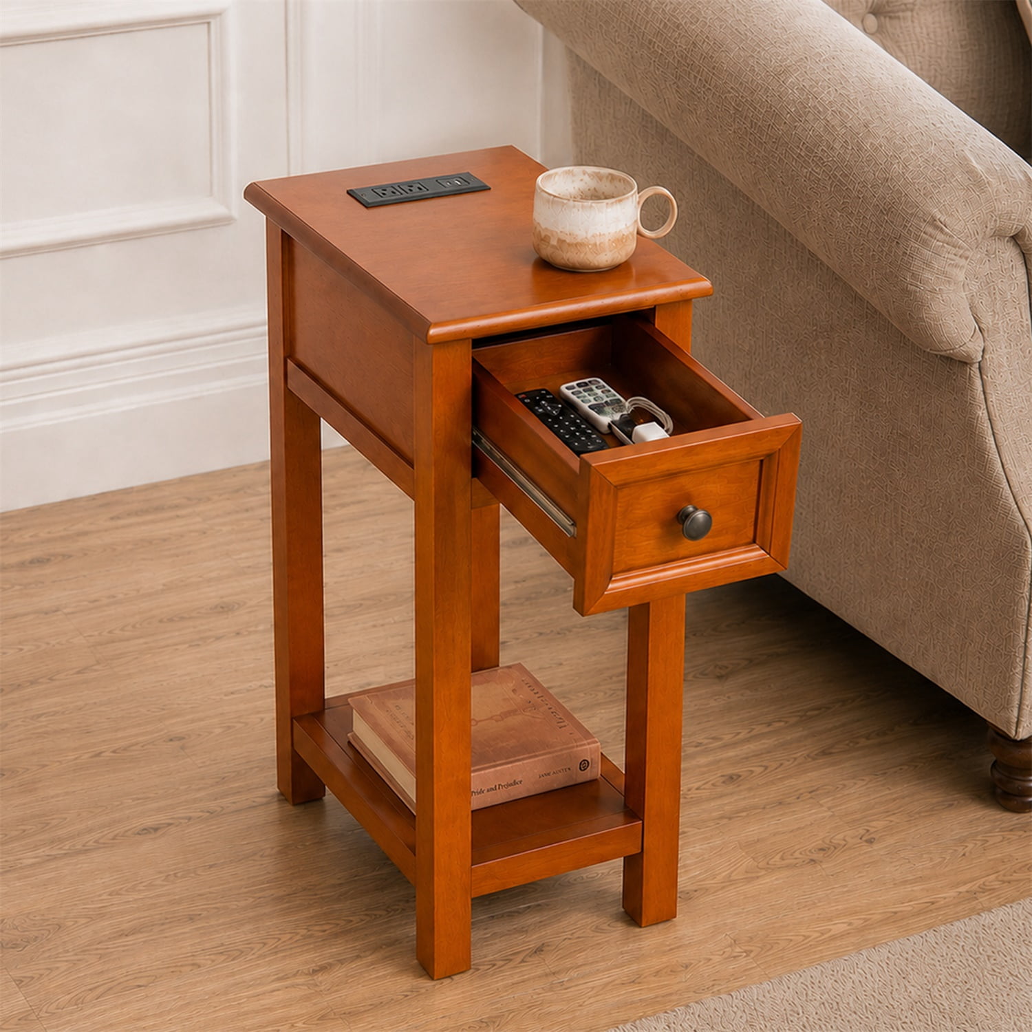 Hommoo Mission Style End Table with Built-in Charging Station, Wood Veneer Side Table with Drawer & Shelf for Living Room, Bedroom, or Small Spaces, Walnut