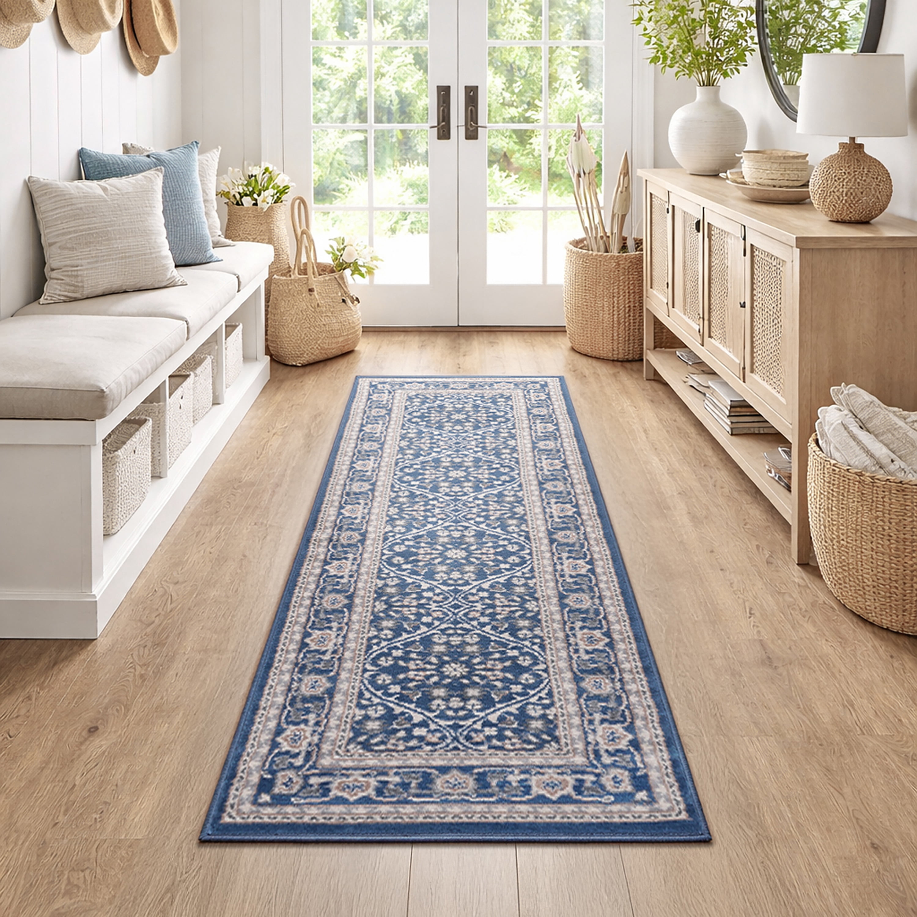 Madison Traditional 2' x 7' Navy and Cream Polypropylene Indoor Area Rug