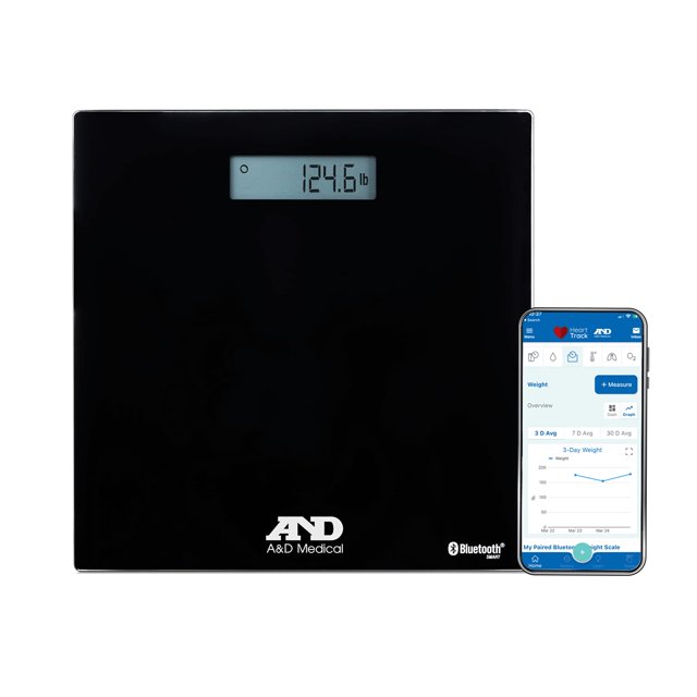 Báscula corporal digital A&D Medical - UC-352BLE - Báscula de baño con Bluetooth, sincronizable con la app A&D Heart Track - 200 kg (450 lb) - Pilas incluidas, compatible con FSA/HSA, color negro