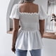 thumbnail image 4 of Top de mujer con cuello cuadrado, manga corta abombada, blusa informal con dobladillo con volantes, bata de poliéster para verano, blanco M, 4 of 6