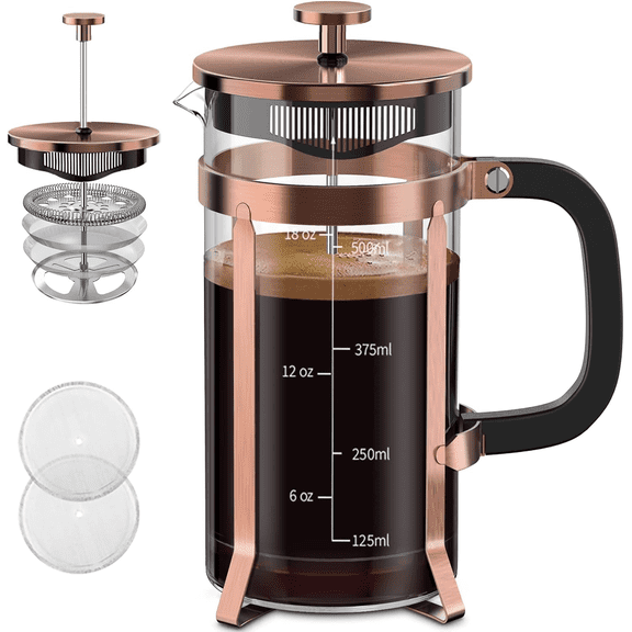 304 Stainless Steel French Press Coffee Maker 21oz 4 Filters Copper[1][2][3]