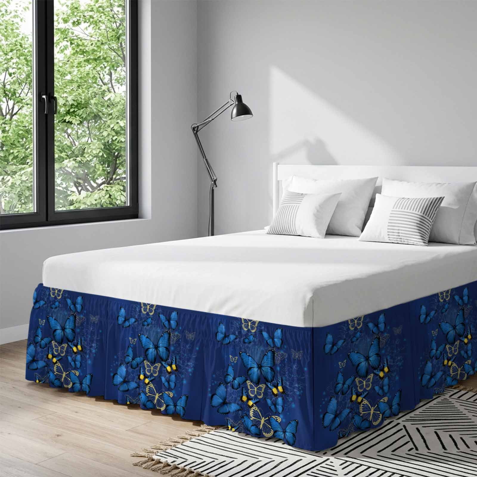 Blue Butterfly Bed Skirt Queen Size, Farmhouse Modern Nature Animals Art Wrap Around Bed Skirting with Adjustable Elastic Strap, Dust Ruffle Pleated Bedskirts 16 Inch Drop for Bedroom Queen Beds