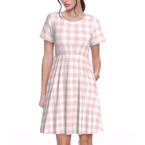 Fotbe Checkboard Vestido Largo de Moda para Mujer, Vestido Tipo Camiseta con Manga Corta y Estilo Casual a Rayas y Bloques de Color