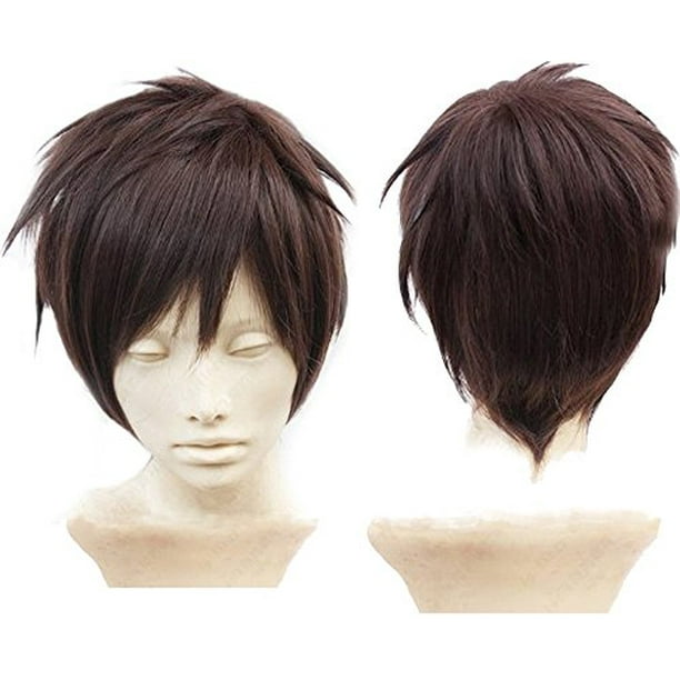 Anogol Hair Cap + Dark Brown Anime Cosplay Wig for Boy Brown Wigs Synthetic Cosplay Hair Wigs