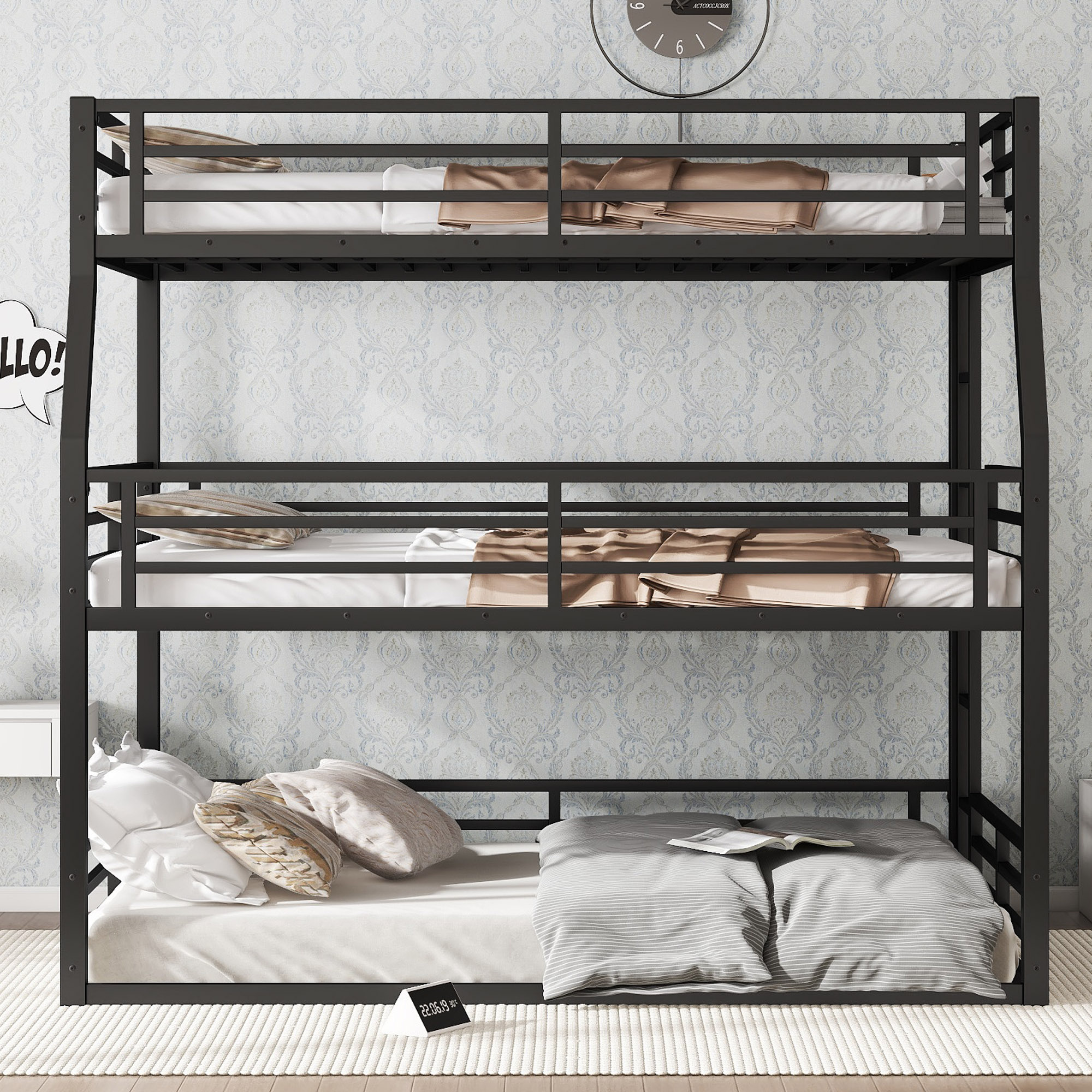 Full XL over Queen over Queen Bunk Bed for Kids, Triple Bunk Beds for 3, Space-Saving, Black