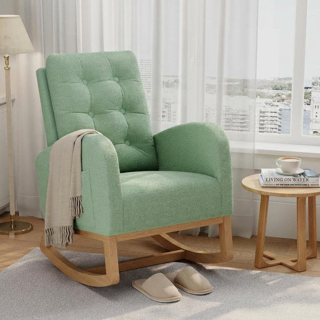 Modern Nursery Rocking Chair, Upholstered Glider Rocker Rocking Accent Chair Padded Seat with High Backrest Armchair Comfy Side, Rocker Glider for Nursing Room for Bedroom, Living Room,Green