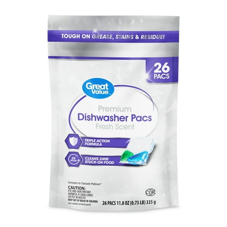 Great Value Premium Dishwasher Pacs, Fresh Scent, 26 Count
