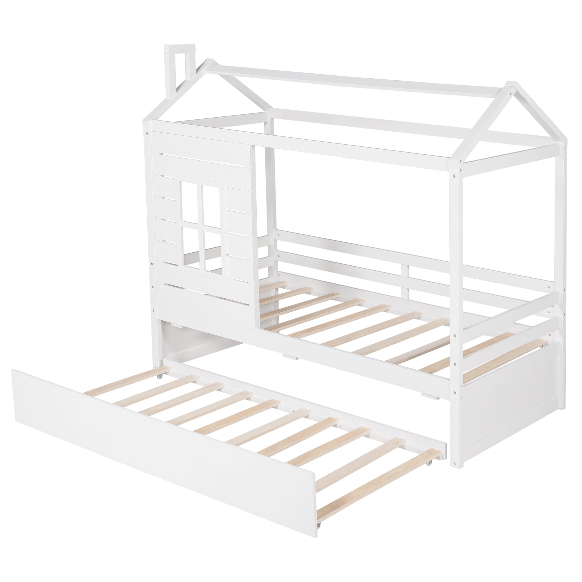 Harper & Bright Designs Twin House Bed with Trundle and Tent, House Twin Bed Frame with Roof and Windows, White