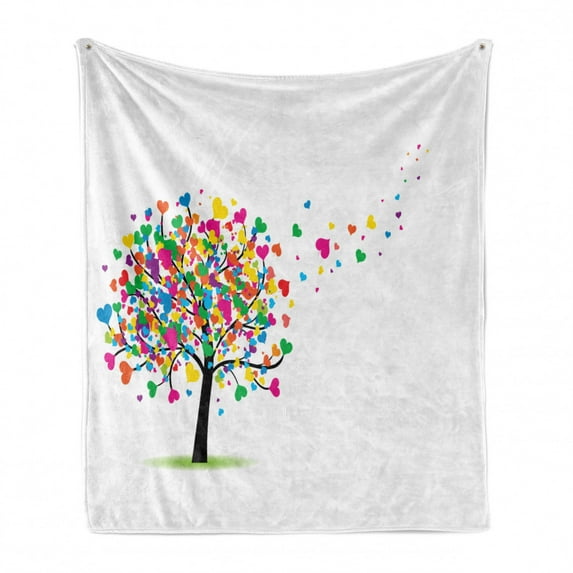 Love Soft Flannel Fleece Blanket, Abstract Theme of Romance with Hearts Leaves Tree Pattern on Plain Backdrop, Cozy Plush for Indoor and Outdoor Use, 60" x 80", White and Multicolor, by Ambesonne