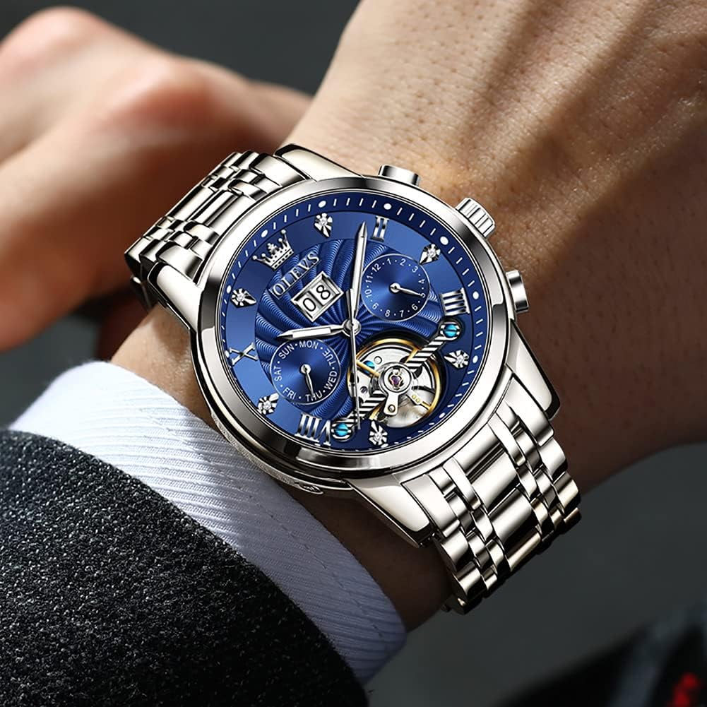 OLEVS Watch for Men Automatic Skeleton Tourbillon Mechanical Self Winding Business Luxury Dual Calendar Stainless Steel Luminous Waterproof Man Wrist Watches Blue Dial