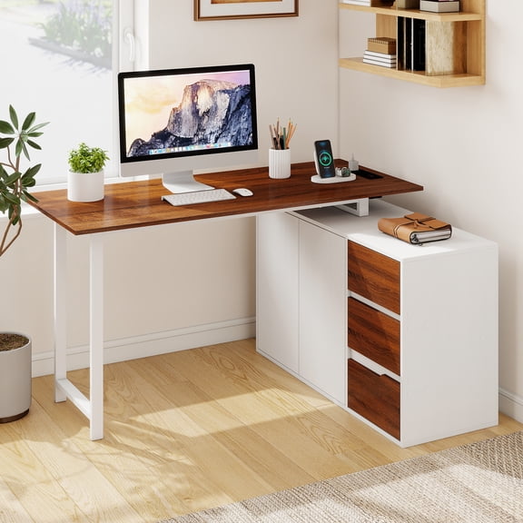 Costway 54.5” L-Shaped Computer Desk with File Cabinet, 3 Drawers & Charging Station Brown & White