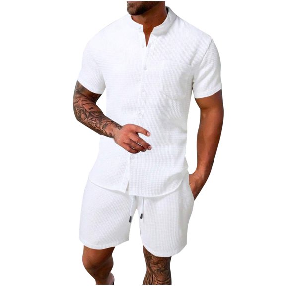 BLCHUNen Mens 2 Piece Outfits Beach Outfits Button down Mock Neck Shirts with Pocket Casual Shorts Summer Matching Sets(XL,White