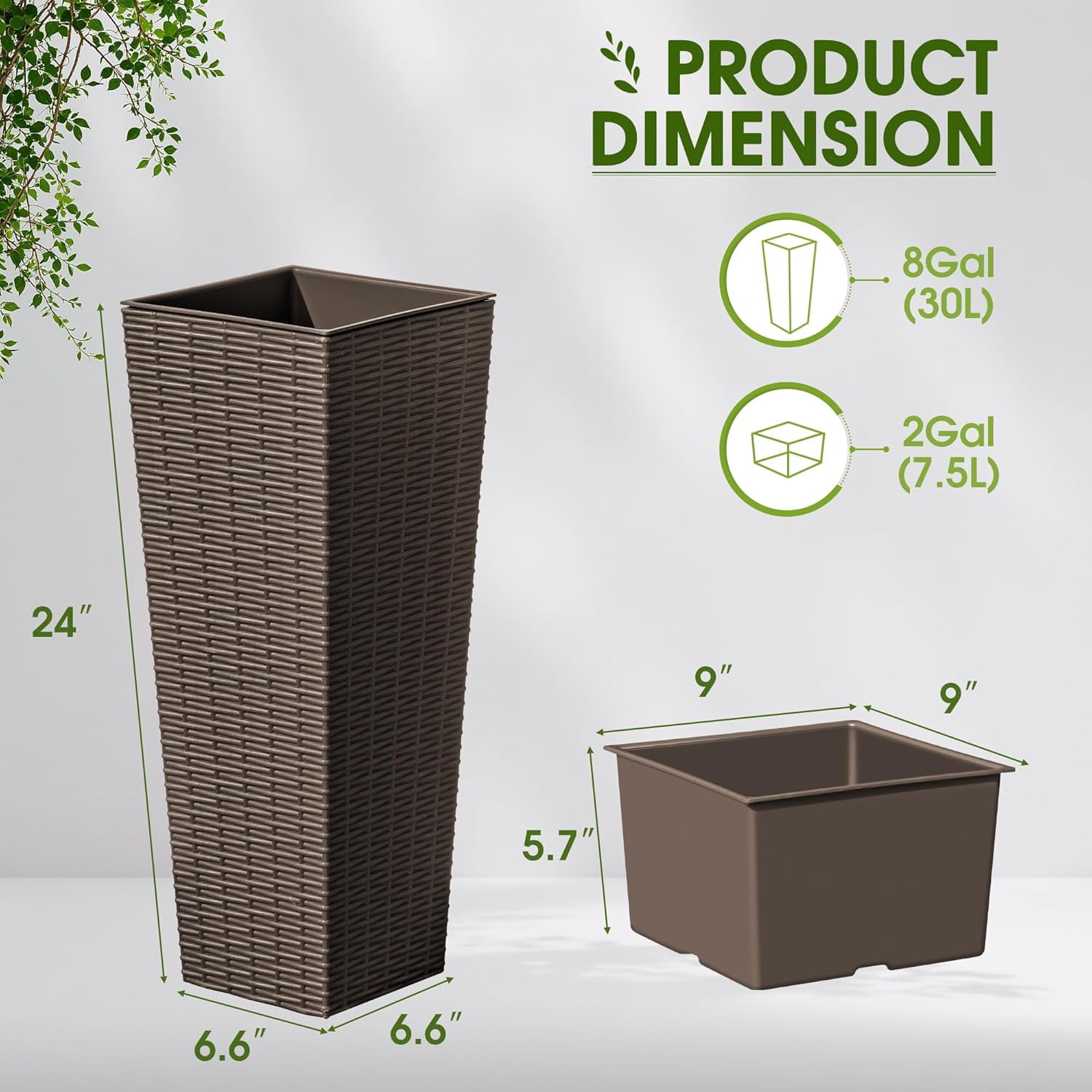 ZYPPP Resin Tall Planters for Outdoor Plants Set of 2, Large Taper Outdoor Planter Pots with 4 Drainage Holes, Flower Pots Modern Decor for Porch, Patio, Backyard, Home Garden (Brown, 24")