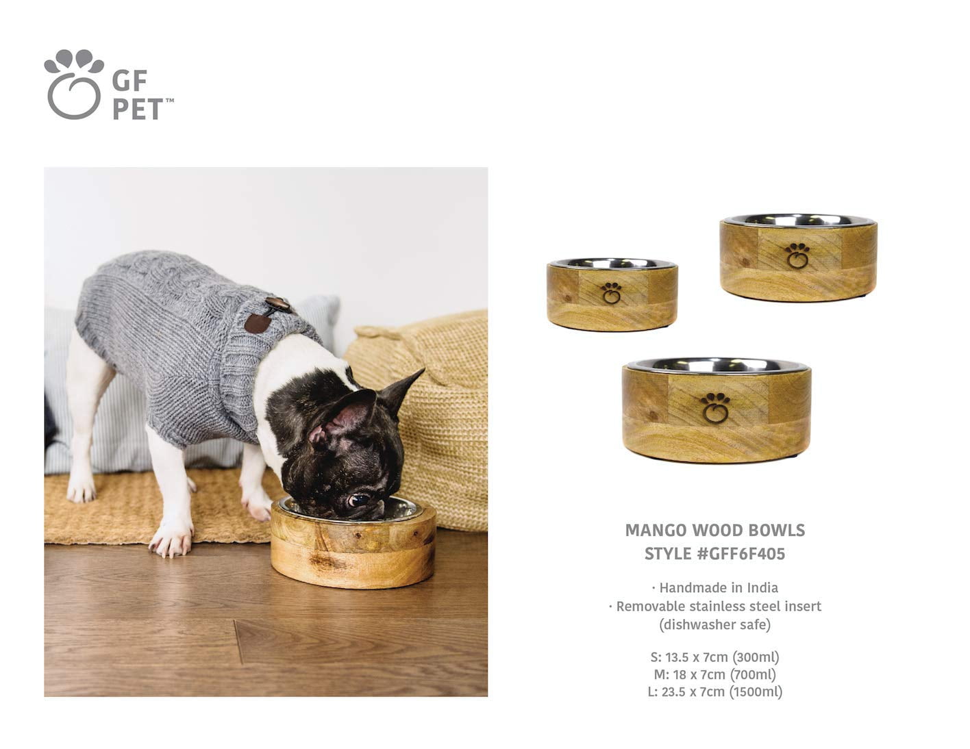 GF Pet Handmade Dog Bowl Mango Wood Elevated Removable Stainless Steel Insert for Small Medium Large Dogs, S
