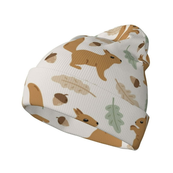 Lsque Squirrel And Leaves Pattern Knitted Beanie, Unisex Winter Hat, Knit Hat Winter Beanies Thick Fisherman Beanies Cuffed Plain Skull Caps